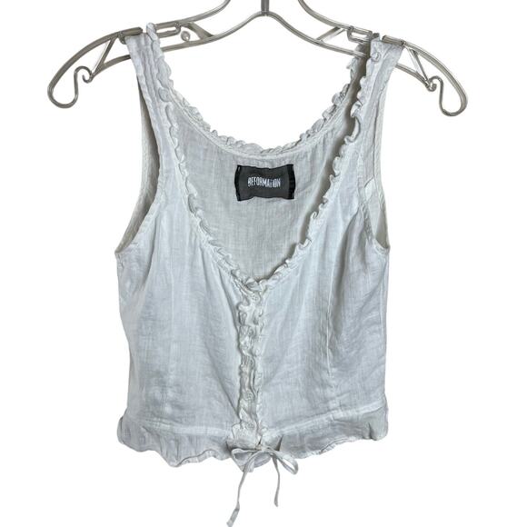 Reformation | XS Kiera Tank Linen White Sleeveless Ruffle Crop - Picture 3 of 7